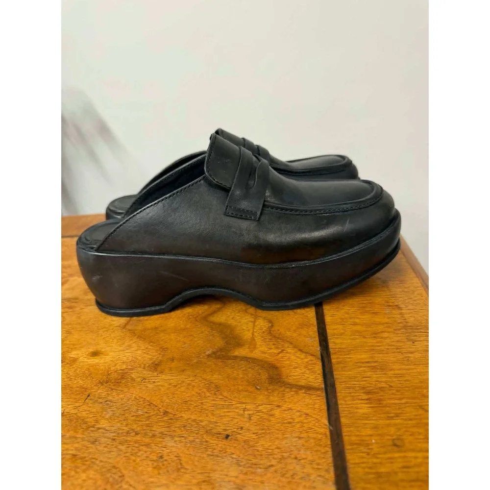 Free‎ People 7.5 Winston Black Leather Platform Penny Loafer Mules Slip On Shoes